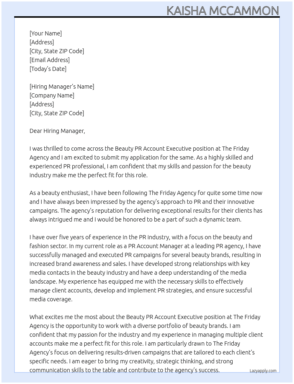 Beauty PR Account Executive At The Friday Agency Cover Letter