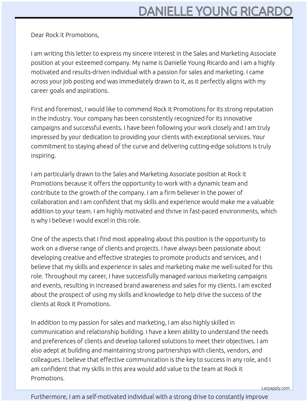 Sales and Marketing Associate At Rock it promotions Cover Letter