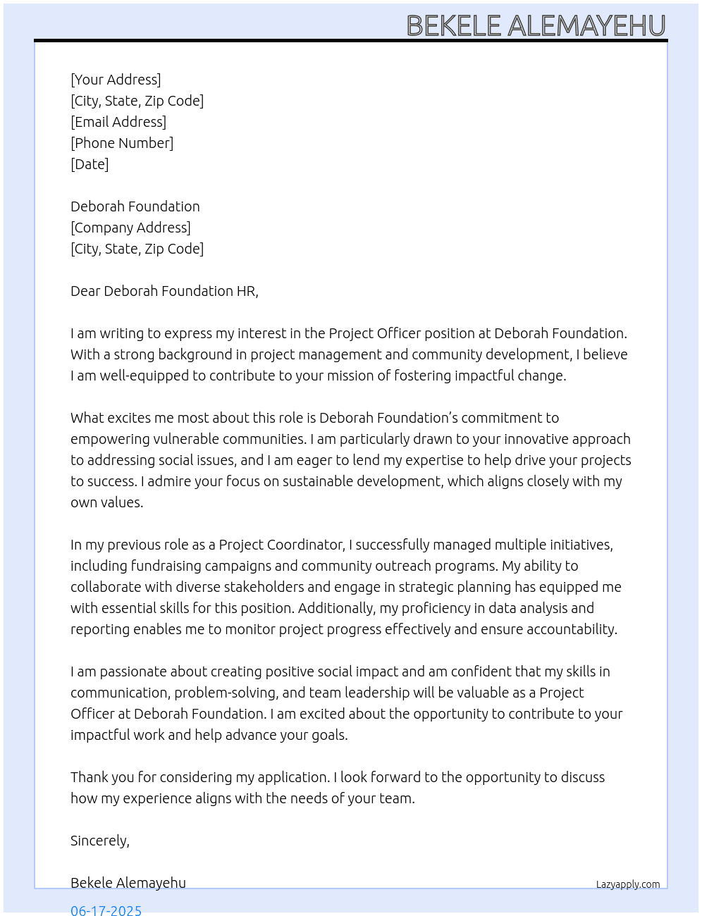 Project Officer  At Deborah Foundation Cover Letter