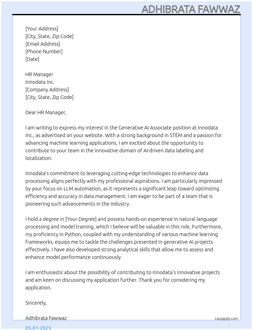 Cover letter for generative ai associate, stem - LazyApply