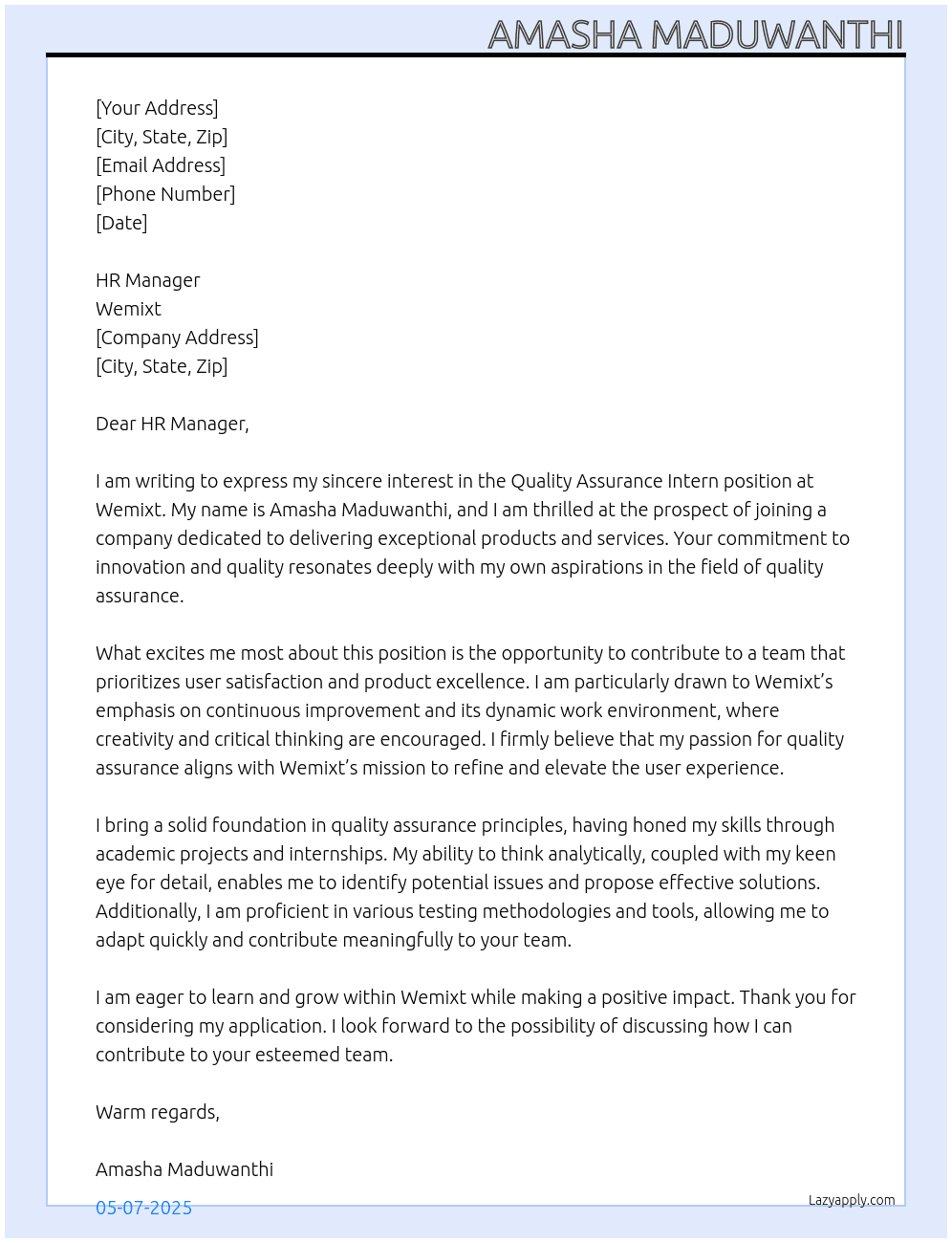 quality assuarance intern At wemixt Cover Letter