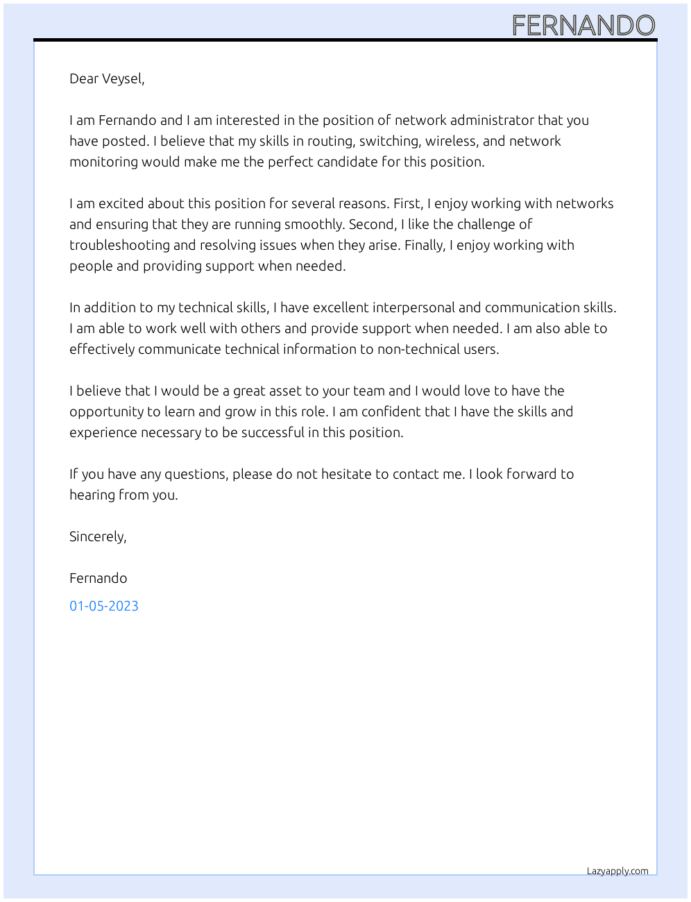 network administrator At Veysel Cover Letter