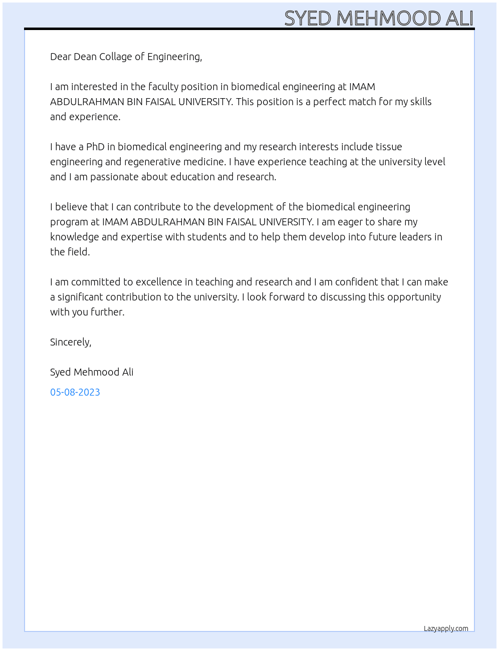 Faculty position in biomedical engineering At IMAM ABDULRAHMAN BIN FAISAL UNIVERSITY Cover Letter