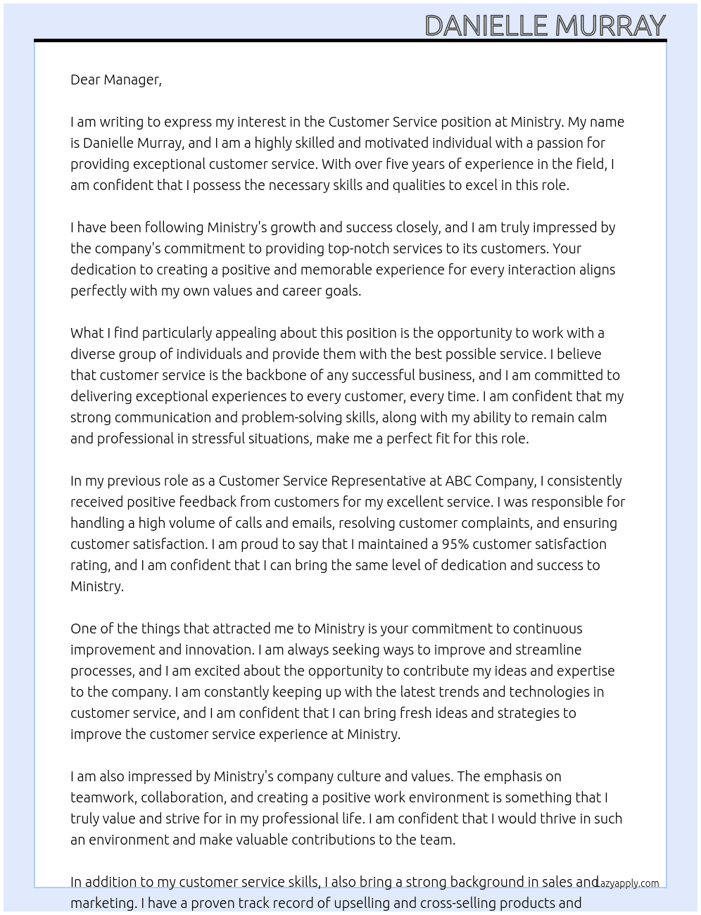 CUSTOMER SERVICE At MINISTRY Cover Letter