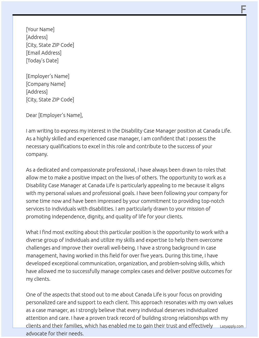 Disability Case Manager  At Canada Life Cover Letter