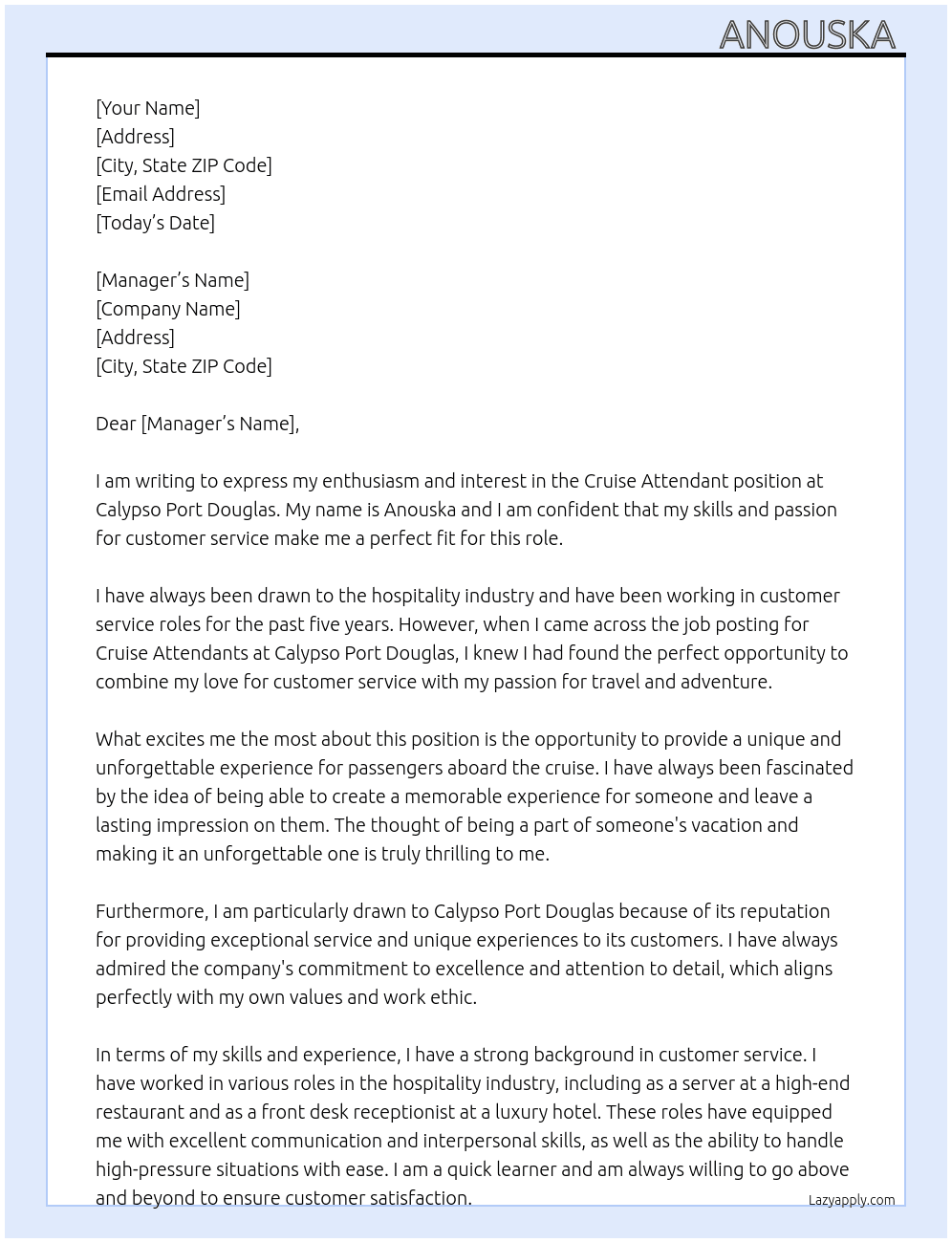 Cruise Attendants  At Calypso Port Douglas  Cover Letter