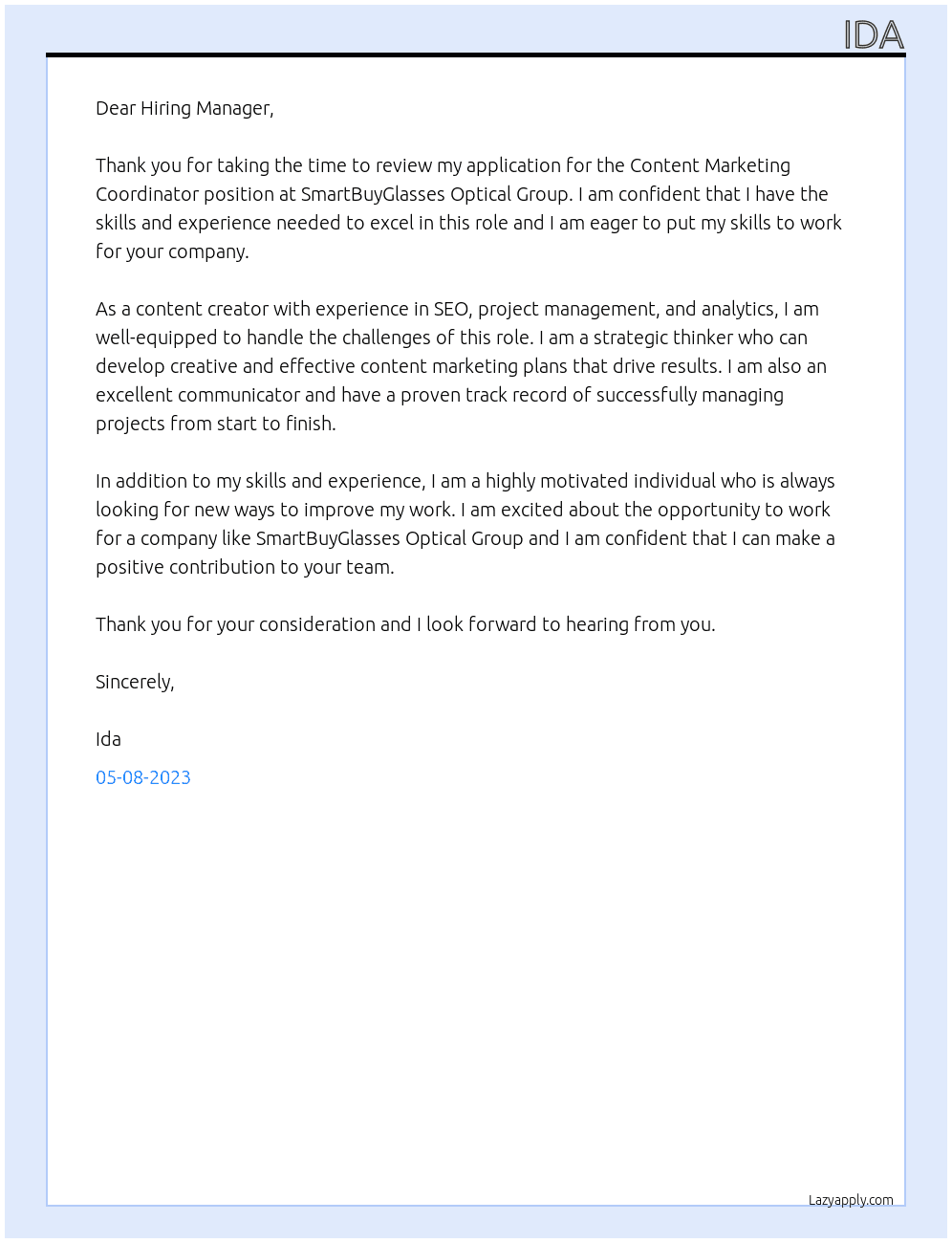 Content Marketing Coordinator At SmartBuyGlasses Optical Group Cover Letter