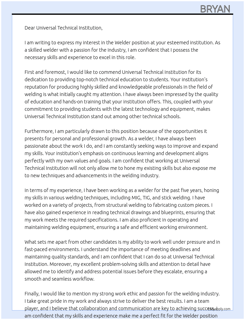 welder  At Universal Technical institution  Cover Letter