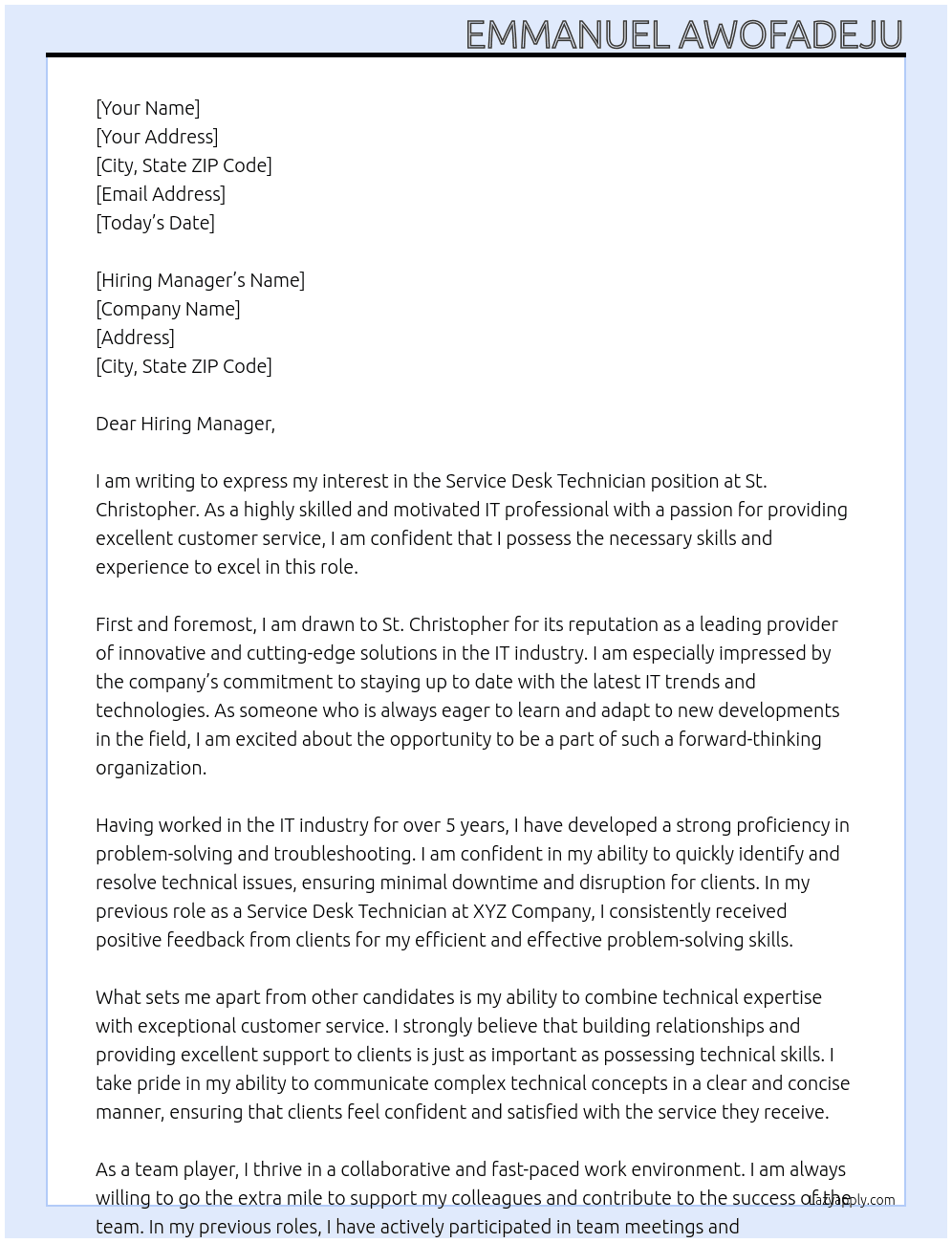 Service desk technician  At St christopher Cover Letter