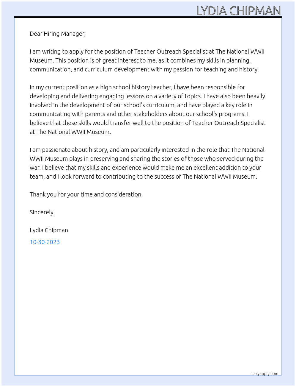 Teacher Outreach Specialist At The National WWII Museum  Cover Letter