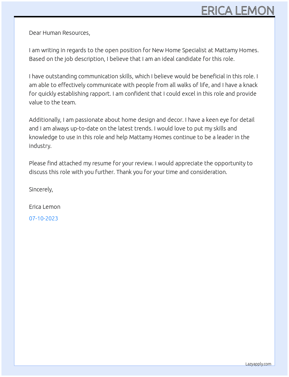 Cover letter for new home specialist - LazyApply