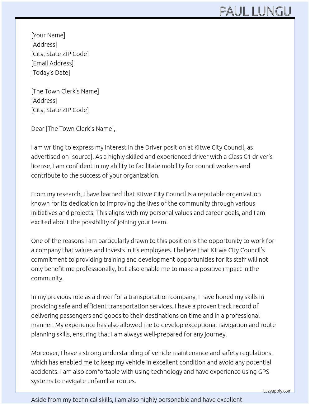 Driver  At Kitwe city council  Cover Letter