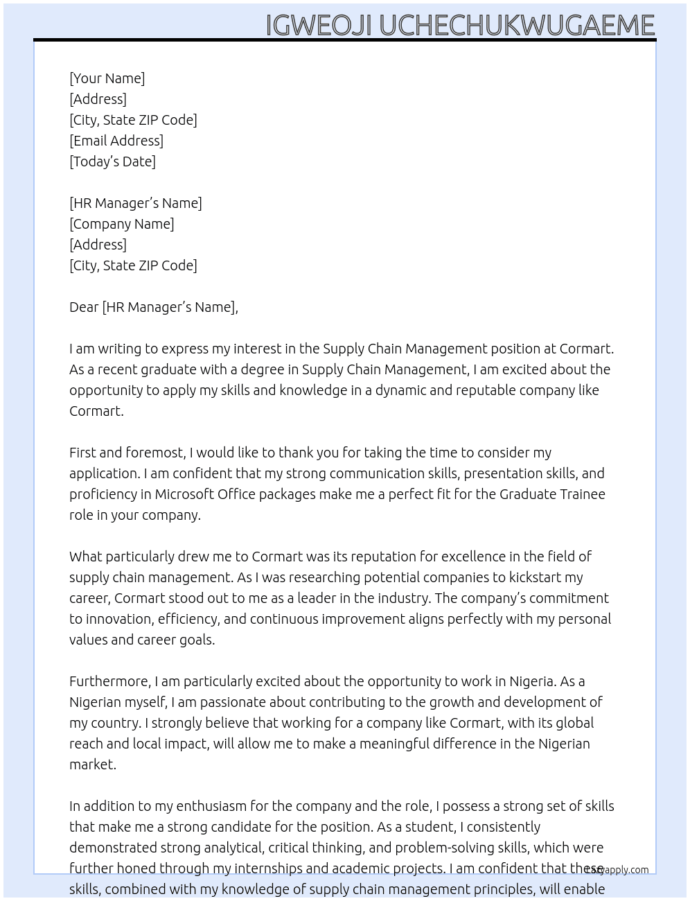 Supply chain management  At Cormart Cover Letter