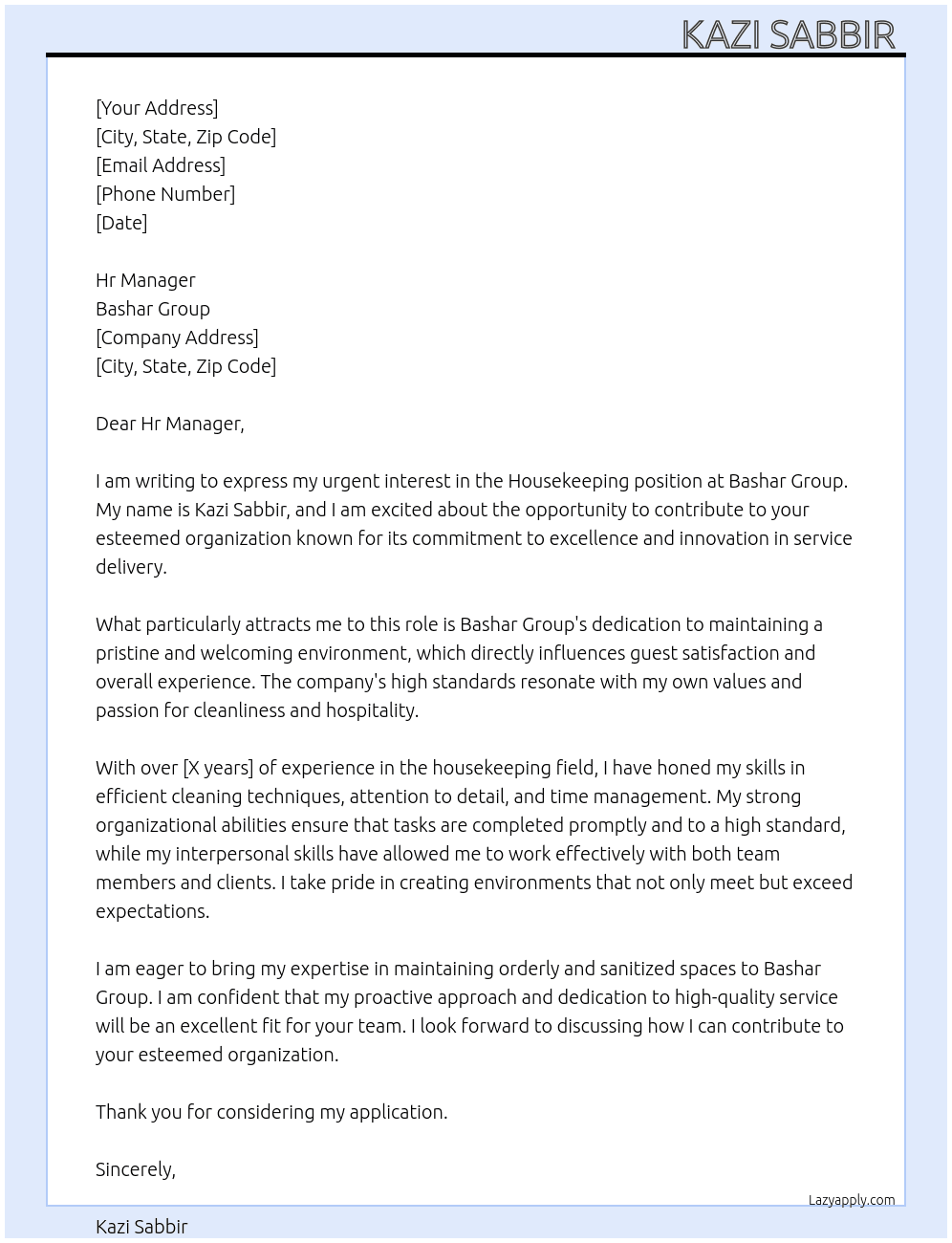 Housekeeping  At Bashar group  Cover Letter
