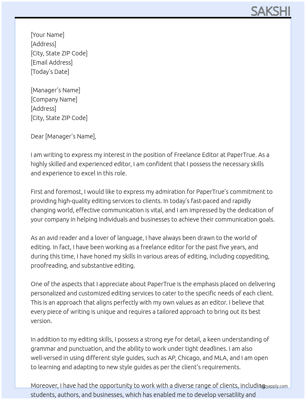 freelance editor At papertrue Cover Letter