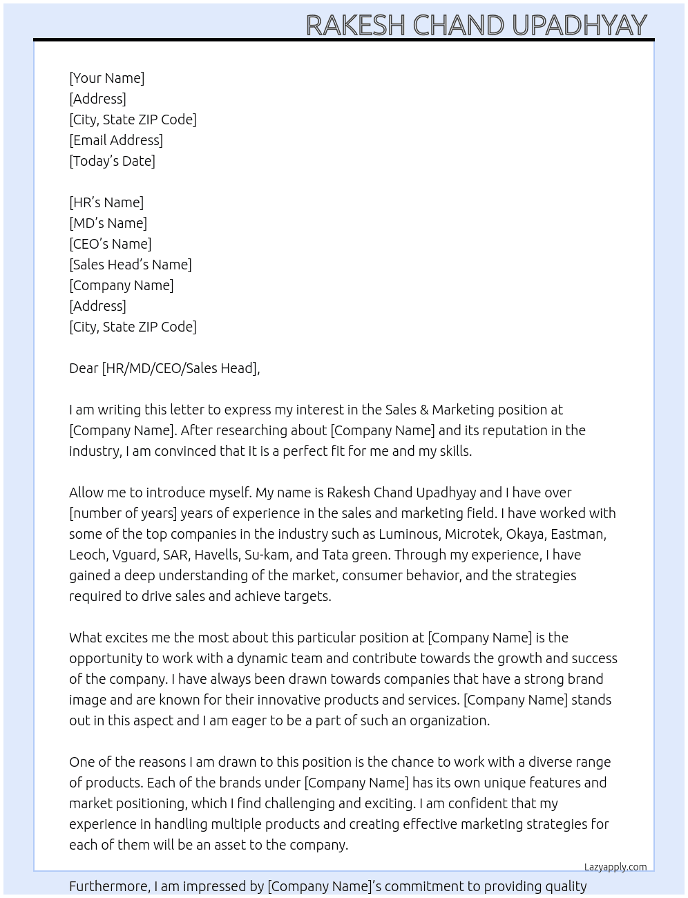 Sales & marketing  At Luminous, Microtek, Okaya, Eastman, Leoch, Vguard, SAR, Havells,Su-kam, Tata green, Cover Letter