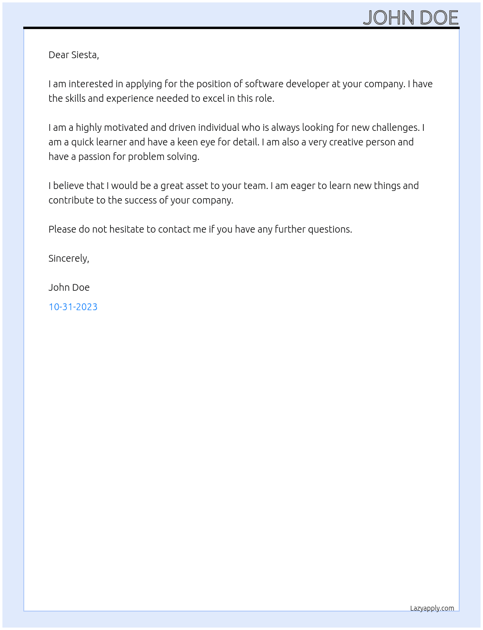 Software developer At siesta Cover Letter