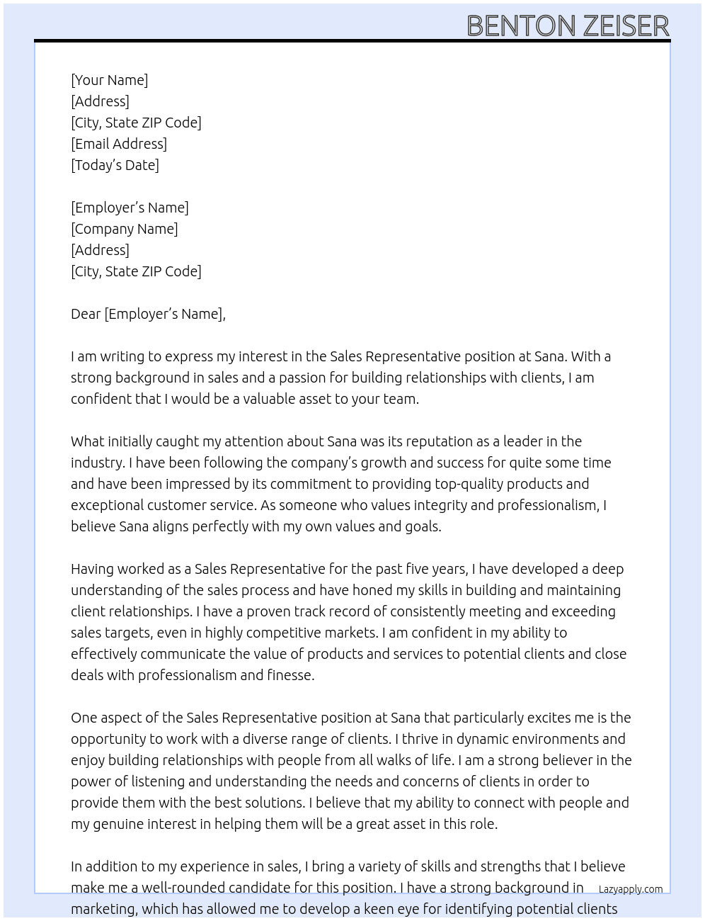 Sales Representative At Sana Cover Letter
