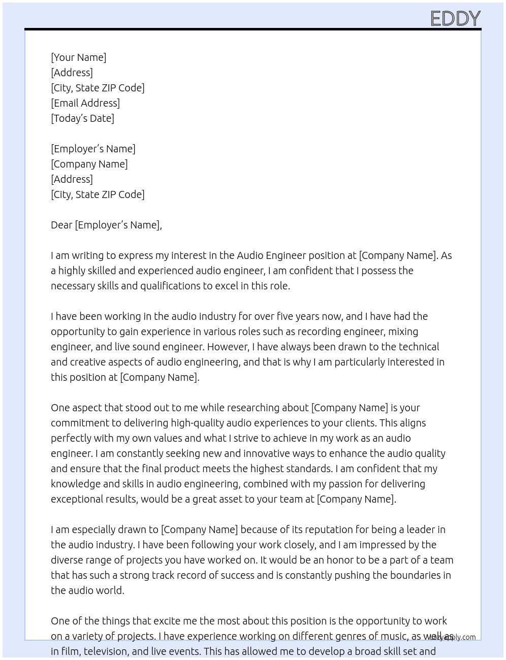 audio engineer  At job Cover Letter