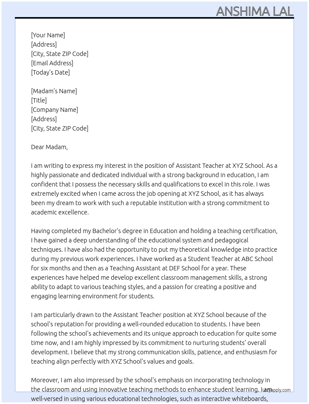assistance teacher At XYZ School Cover Letter