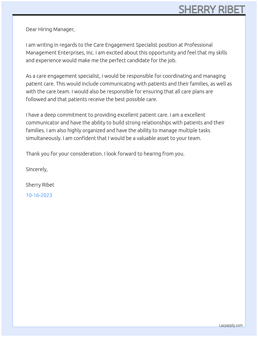 Care Engagement Specialist At Professional Management Enterprises, Inc Cover Letter