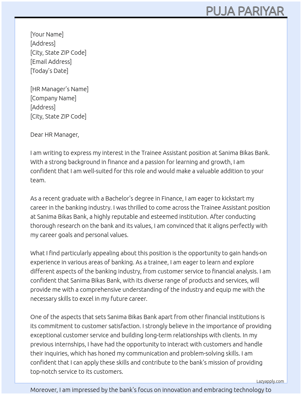 Trainee Assistant  At Sanima Bikas Bank  Cover Letter