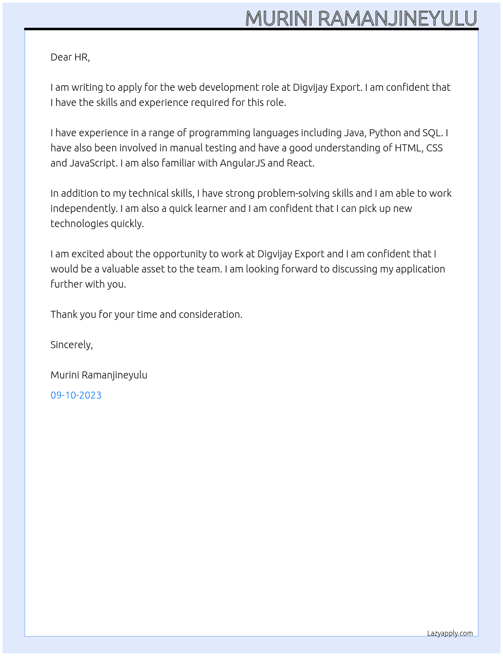 WEB DEVELOPMENT At Digvijay Export Cover Letter