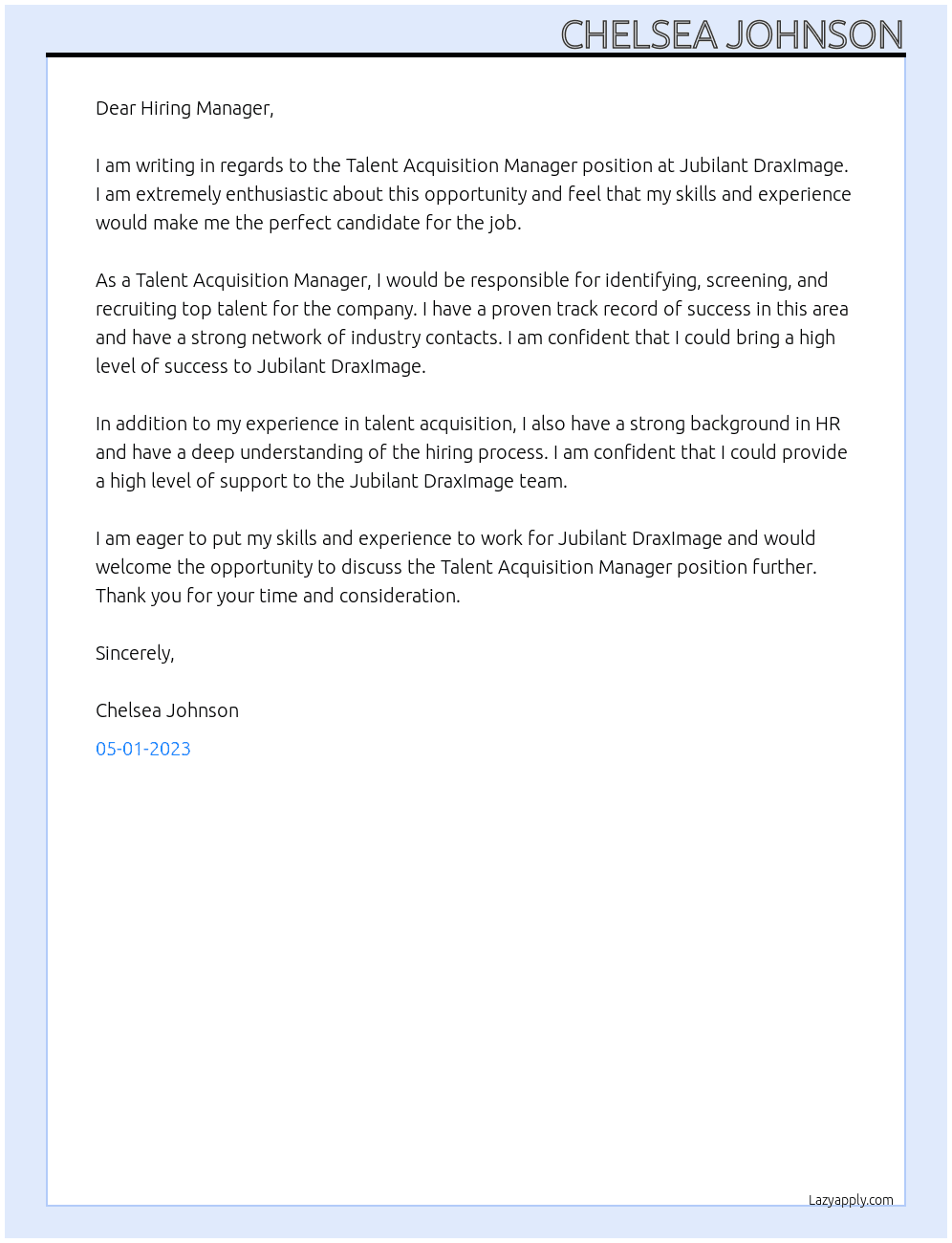 Talent Acquisition Manager At Jubilant DraxImage Cover Letter