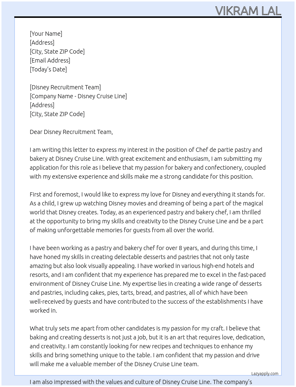 Chef de partie pastry and bakery  At Disney cruise line  Cover Letter