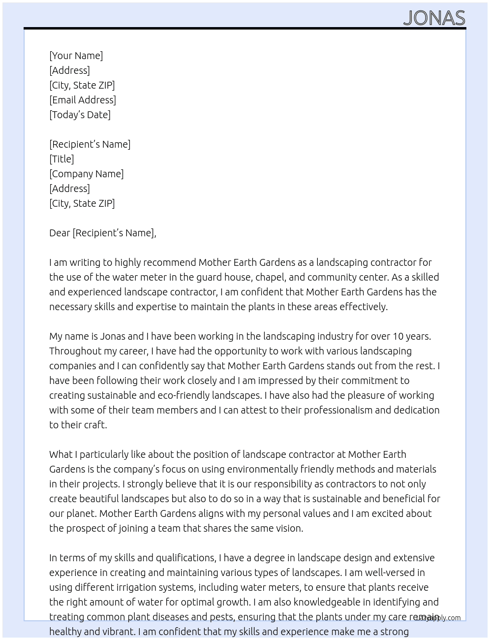 Landscape contractor At For water meter Cover Letter