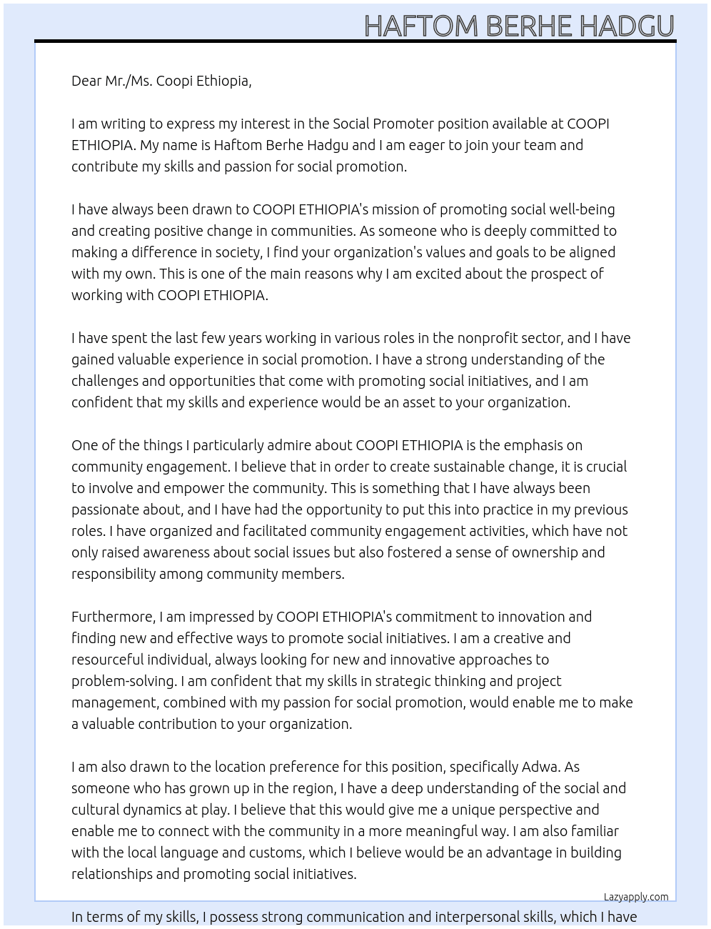 Social promoter  At COOPI ETHIOPIA  Cover Letter