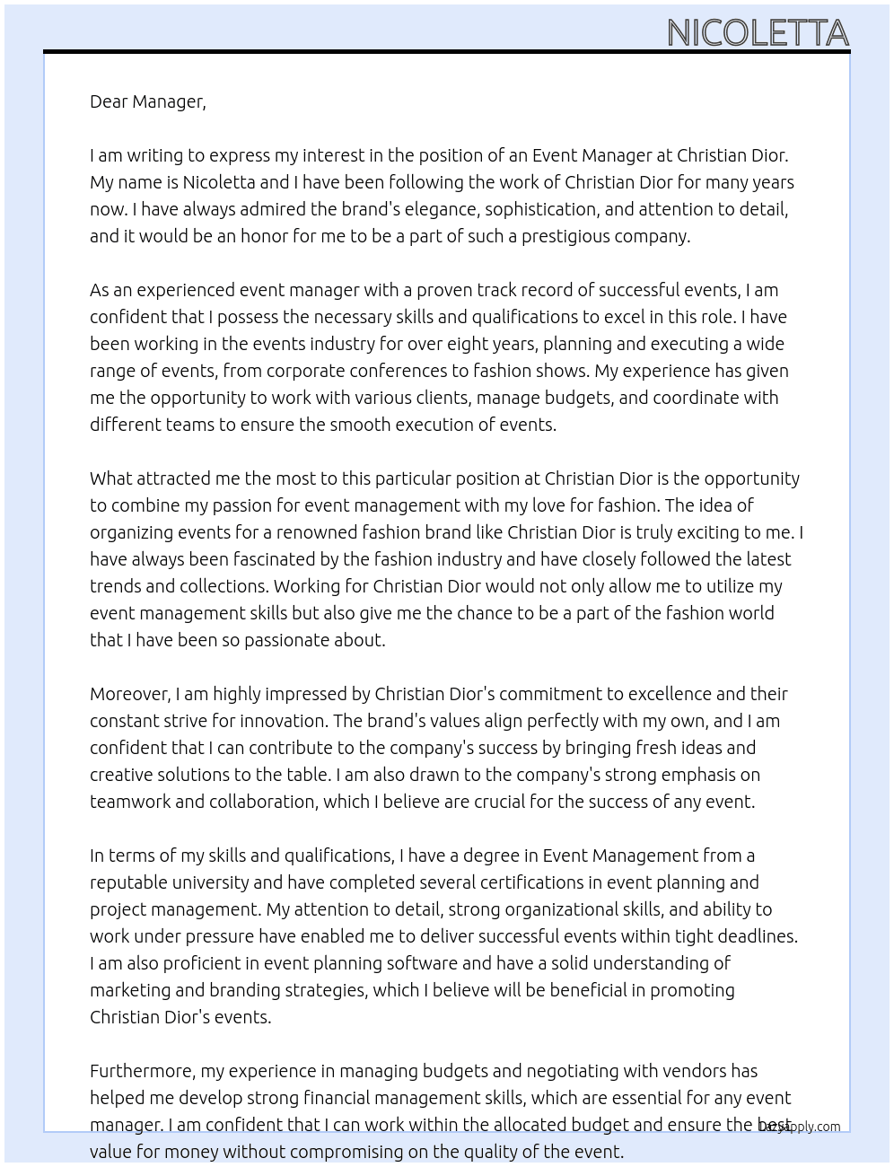event manager  At Christian Dior  Cover Letter