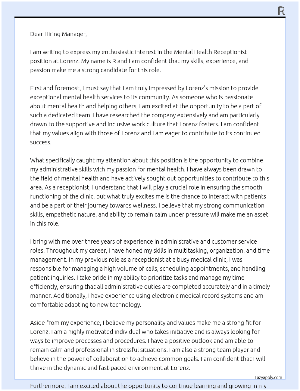 Mental Health Receptionist  At Lorenz Cover Letter