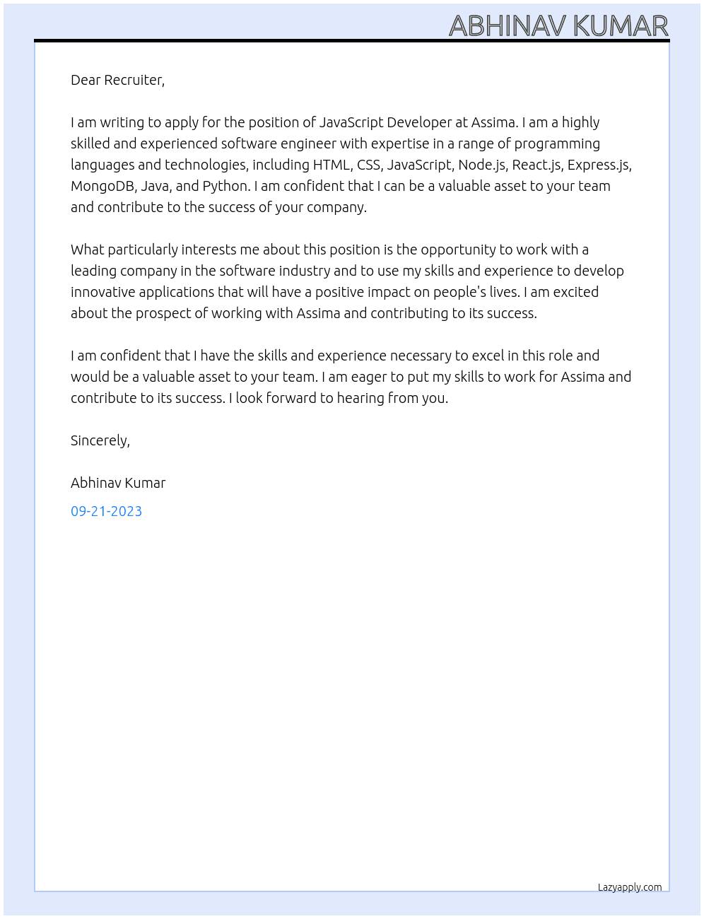 JavaScript Developer At Assima Cover Letter