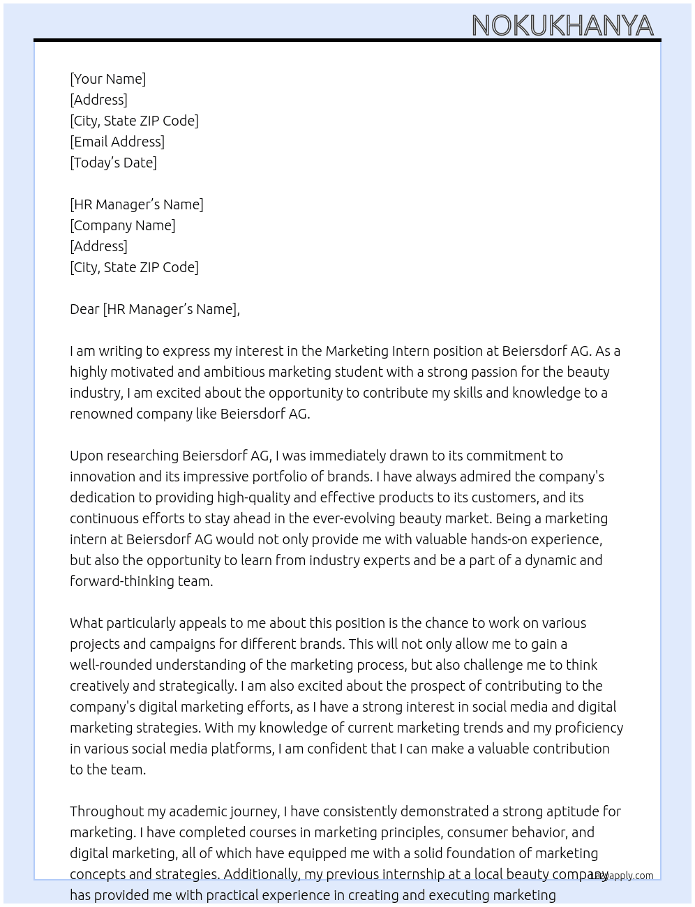 Marketing Intern At Beiersdorf AG Cover Letter