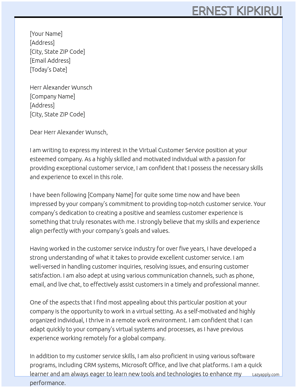 Virtual Customer Service At Herr Alexander Wunsch  Cover Letter