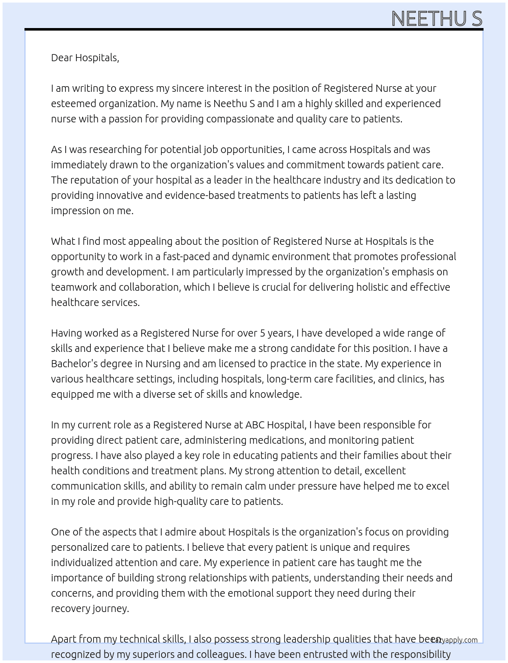 Registered Nurse At Hospitals Cover Letter