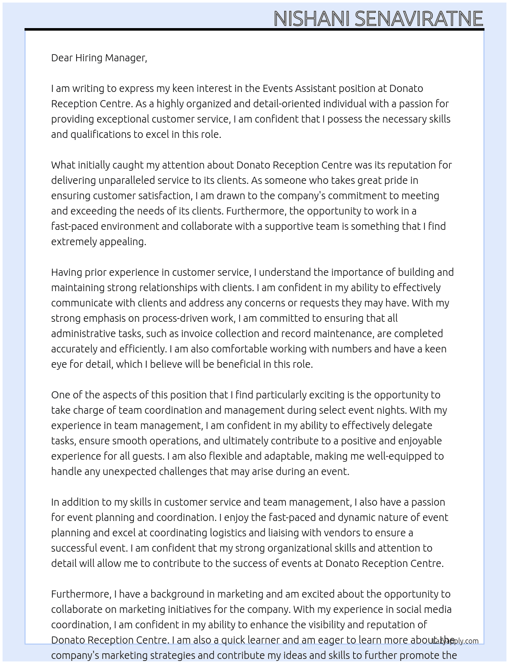 Events Assistant At Donato Reception Centre Cover Letter