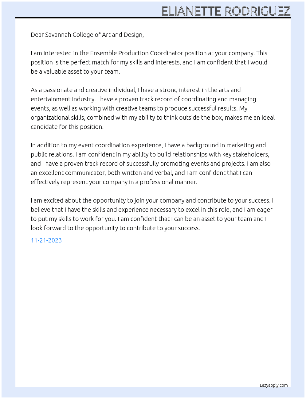 Ensemble Production Coordinator At Savannah College of Art and Design Cover Letter
