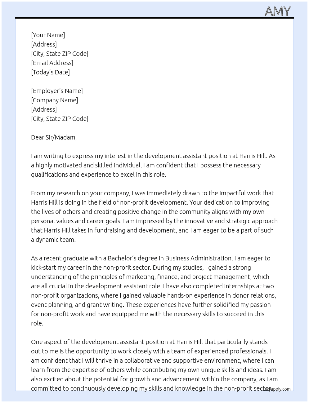 development assistant  At Harris Hill Cover Letter