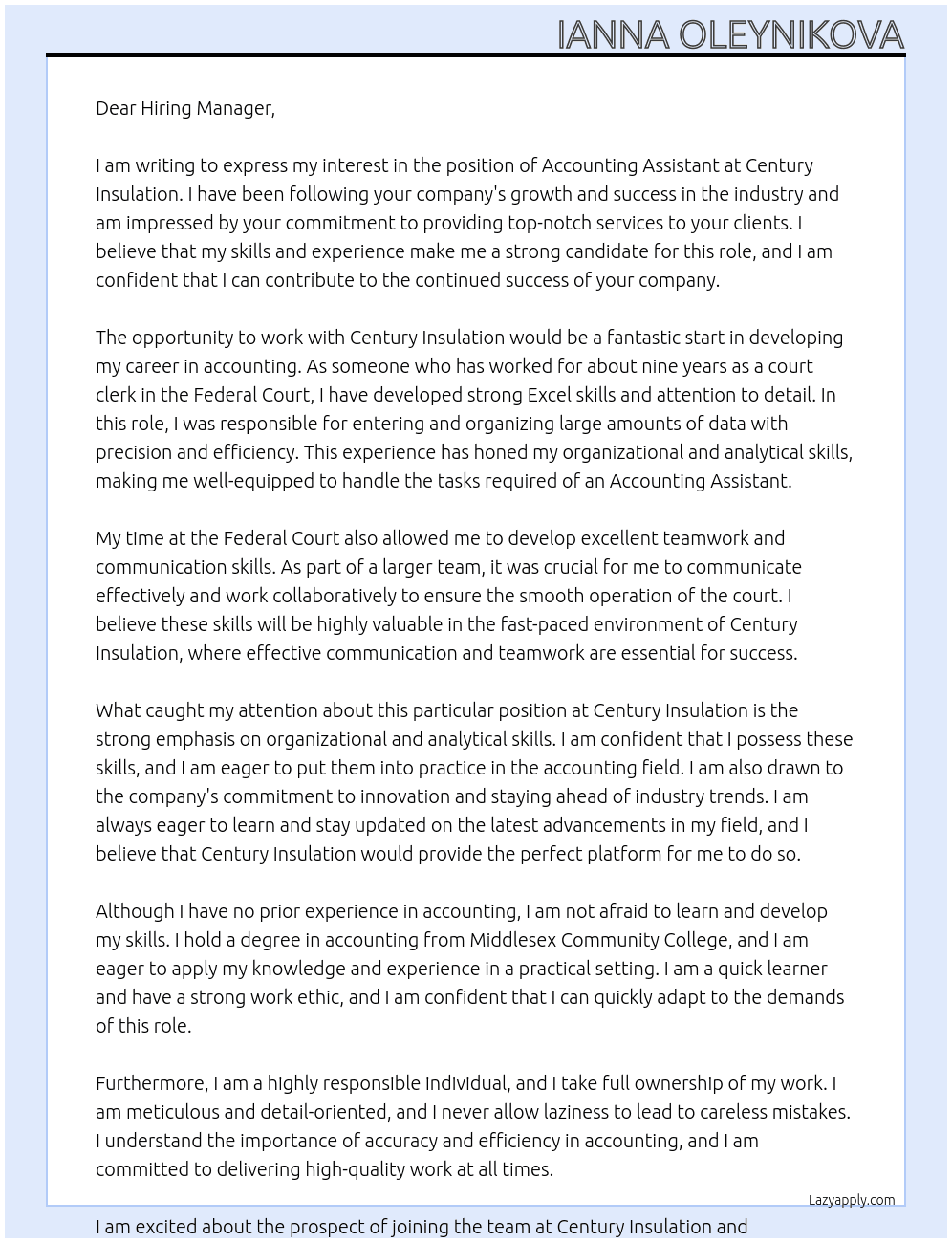 Accounting assistant  At Century Insulation Cover Letter