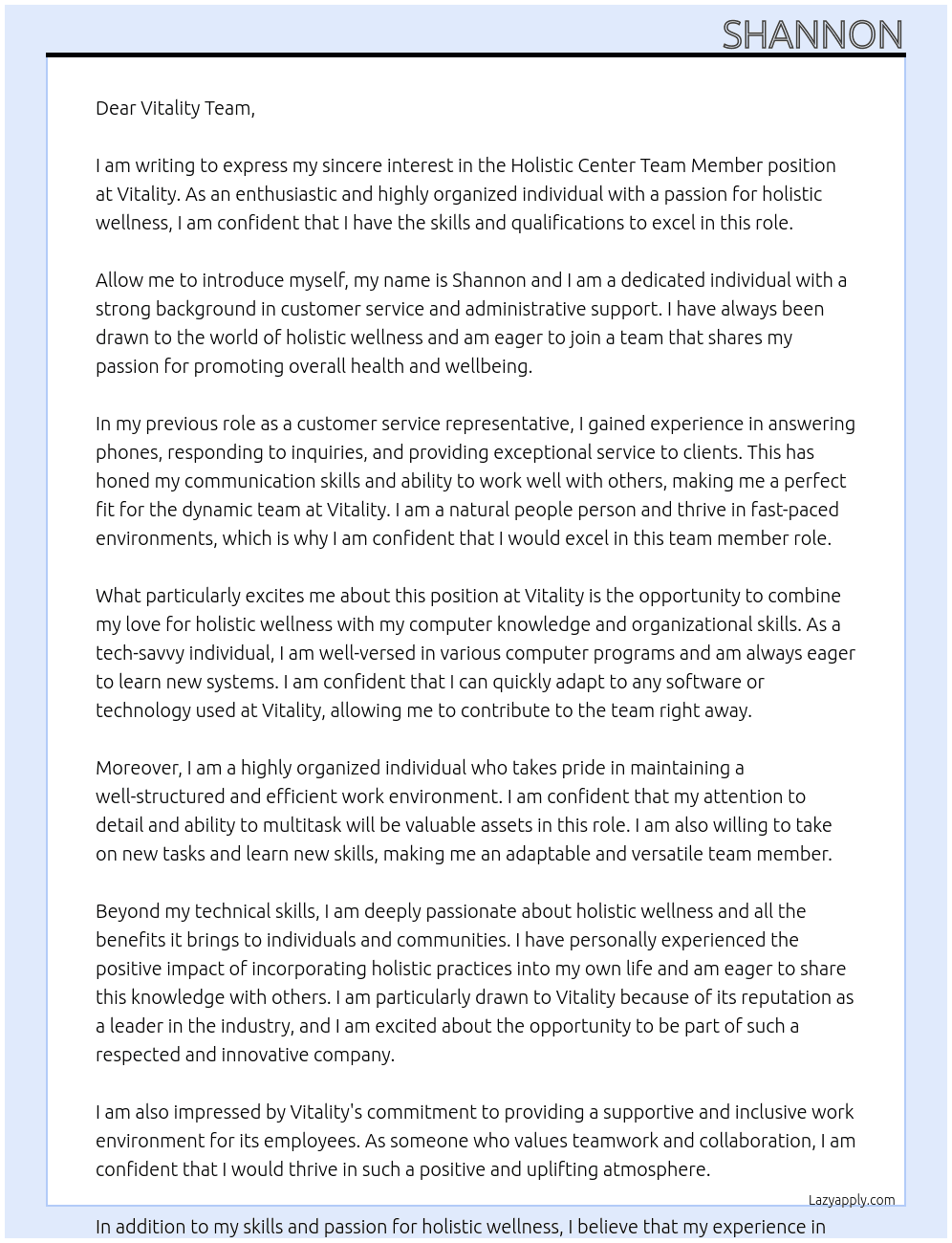 Holistic center team menber At VITALITY  Cover Letter