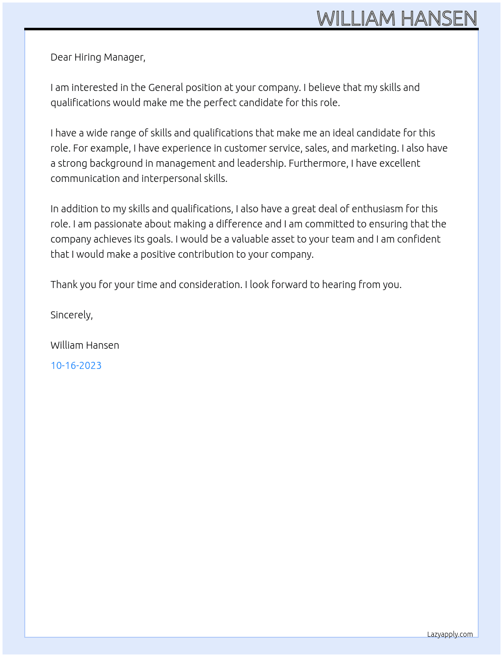 General  At _ Cover Letter