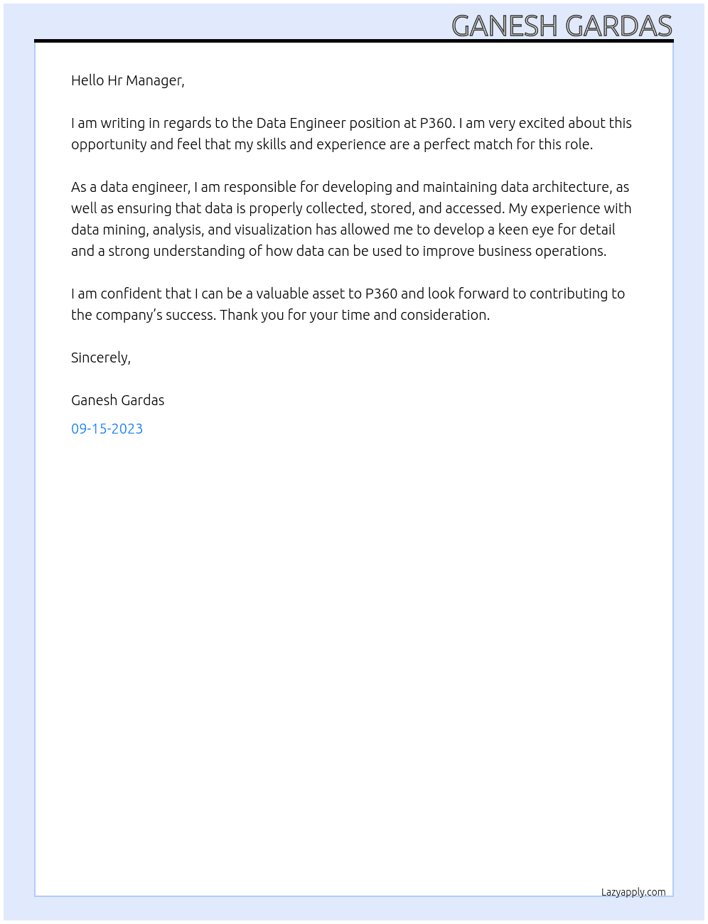 Data Engineer At P360 Cover Letter
