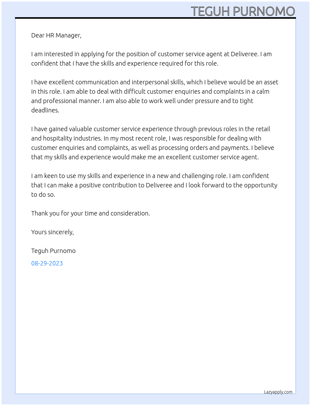 Customer service agent At Deliveree Cover Letter