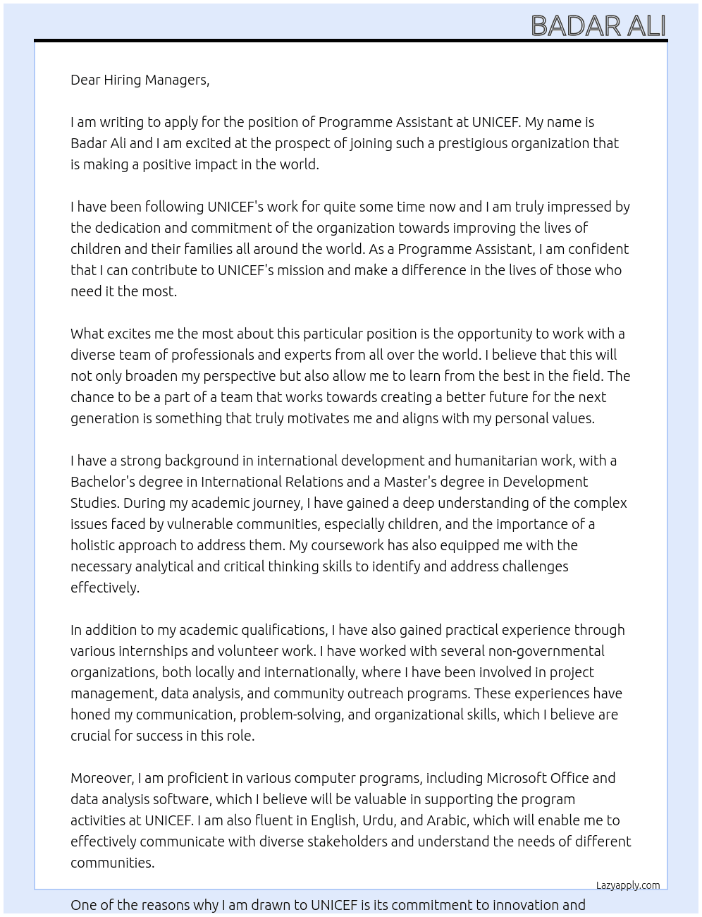 Programme Assistant At UNICEF Cover Letter