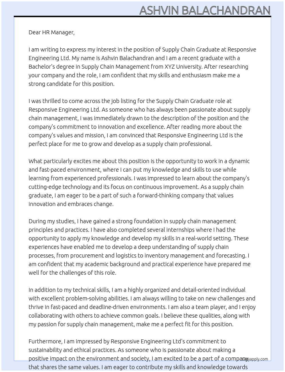 Supply Chain Graduate  At Responsive Engineering Ltd  Cover Letter