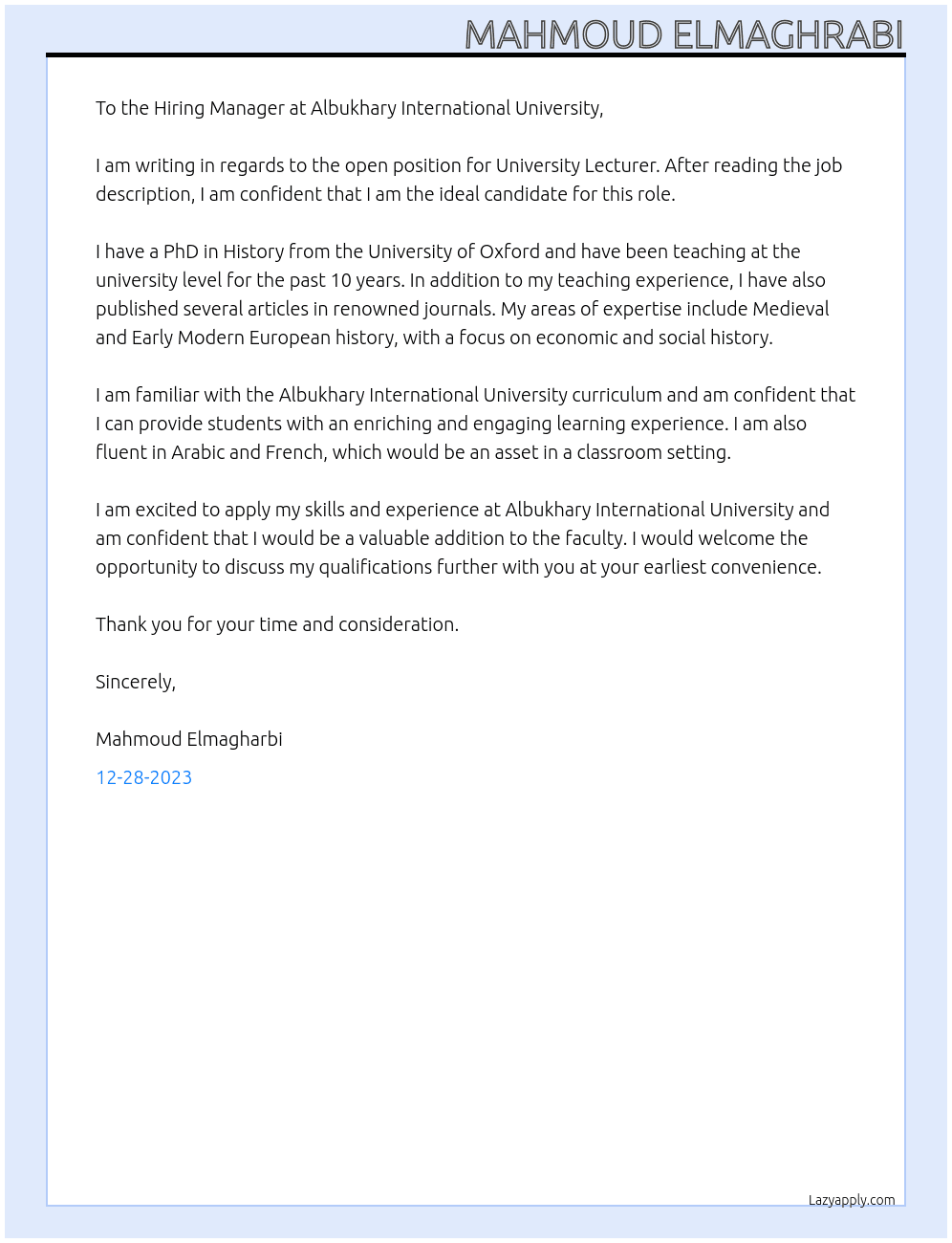 University Lecturer  At Albukhary International University Cover Letter