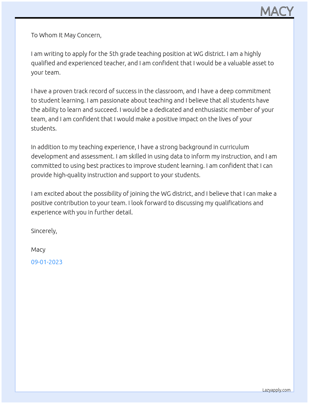 5th grade teach At WG Cover Letter