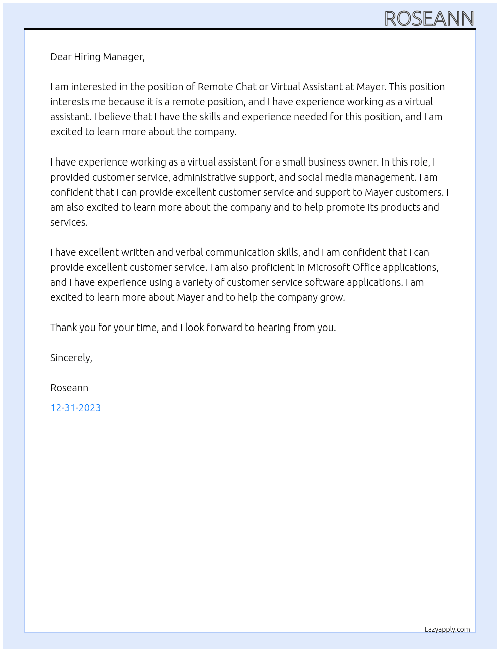 Remote Chat or Virtual Assistant At Mayer Cover Letter